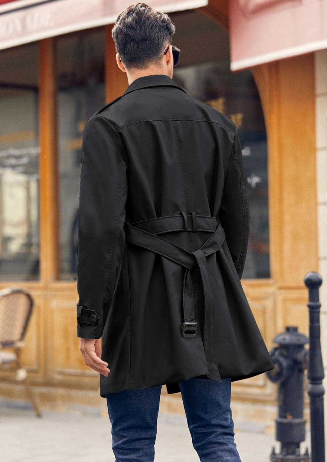 Pretifeel Mens Trench Coat Slim Fit Double Breasted Long Jacket Notched Lapel Belt Fall Windproof Coat - Image 3
